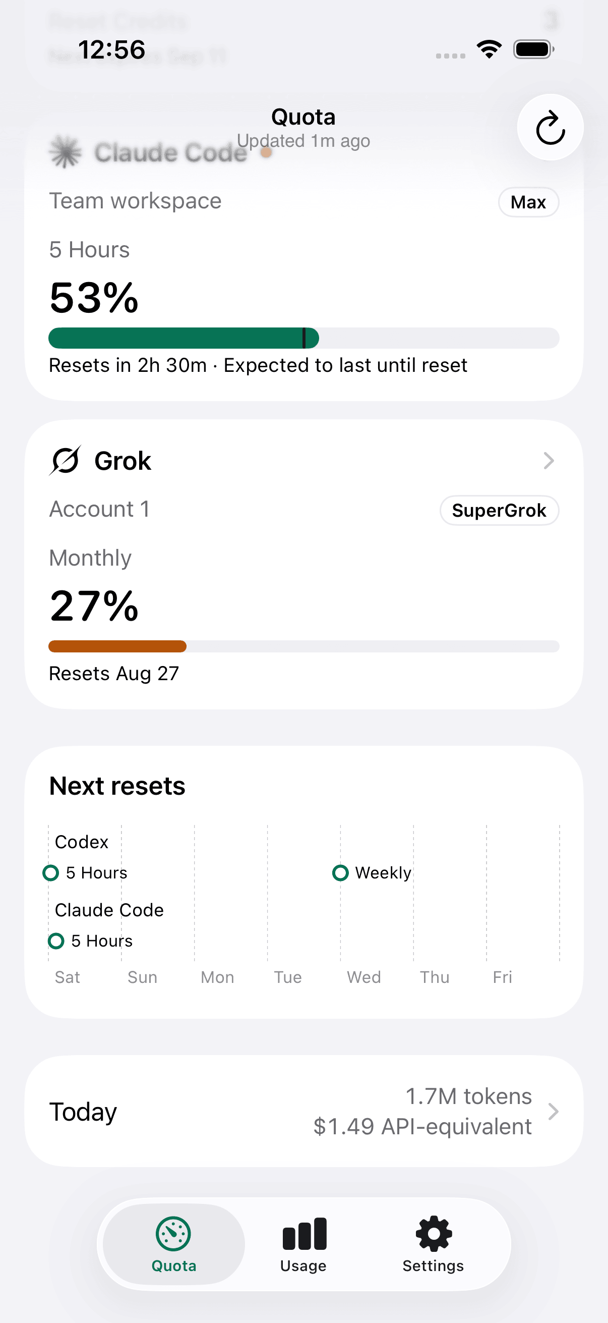 Quota for iPhone overview showing remaining quota on Codex, Claude Code, and Grok