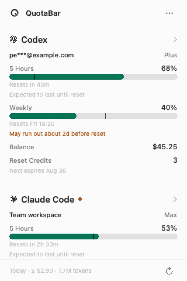 QuotaBar menu bar showing remaining Codex Plus, Claude Code Max, and Grok SuperGrok quota
